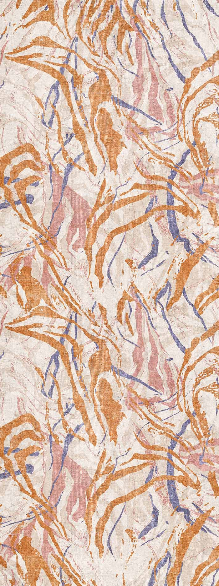 Cream rug with an abstract, multi-colored marbled pattern in shades of burnt orange, dusty pink, and slate blue.