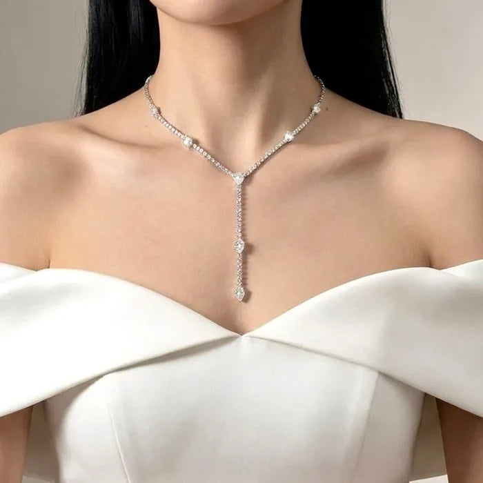 Wedding Jewelry - Silver CZ Bridal Lariat Necklace