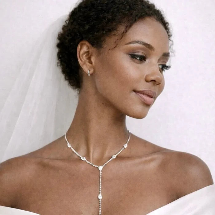 Wedding Jewelry - Silver CZ Bridal Lariat Necklace