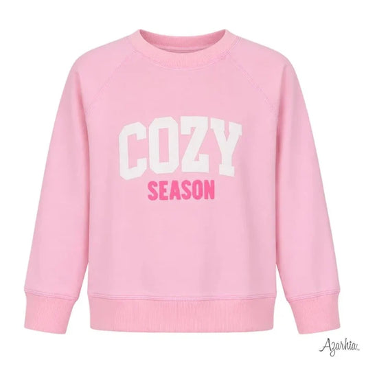 Azarhia White Puffy Cozy Season Pink Oversized Sweatshirt