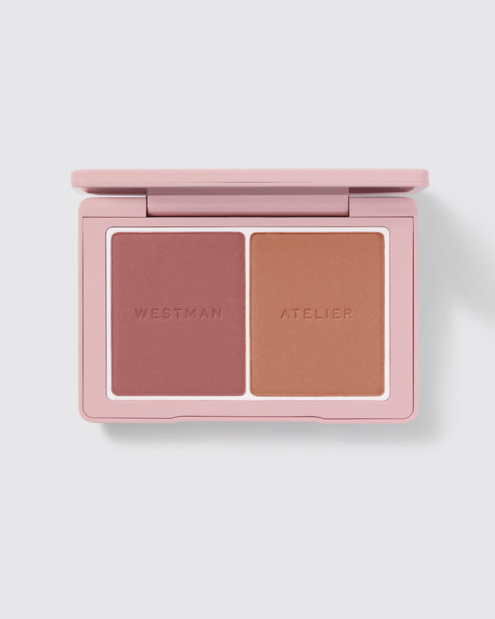 Powder Duos palette open showing the Suede / Sable shades.