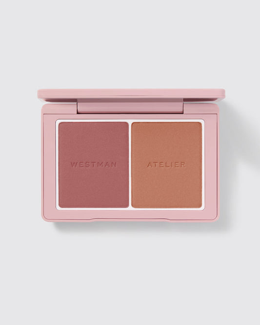 Powder Duos palette open showing the Suede / Sable shades.