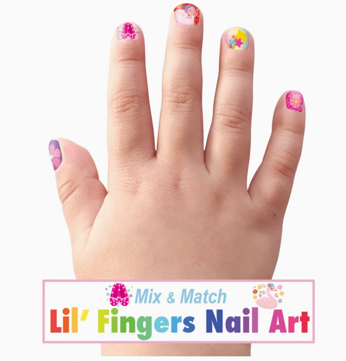 Child's hand with colorful nail art on a white background, featuring 'Mix & Match Lil' Fingers Nail Art' text.
