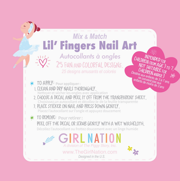 Lil' Fingers Nail Art packaging with instructions and branding on a pink background