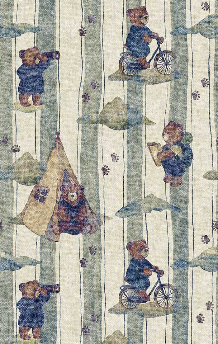 Cream rug with vertical blue stripes, featuring teddy bears camping, cycling, and hiking, accented with paw prints.