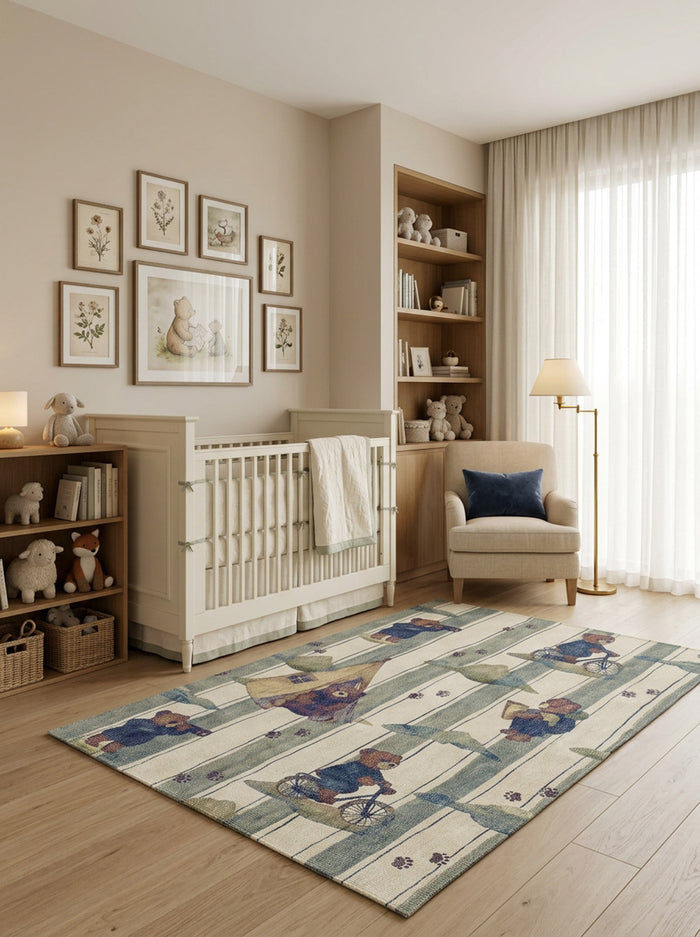 Cream and blue striped rug with a repeating teddy bear pattern, styled in a nursery.