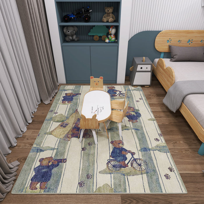 Cream rug with vertical stripes and teddy bear illustrations, styled in a children's bedroom.