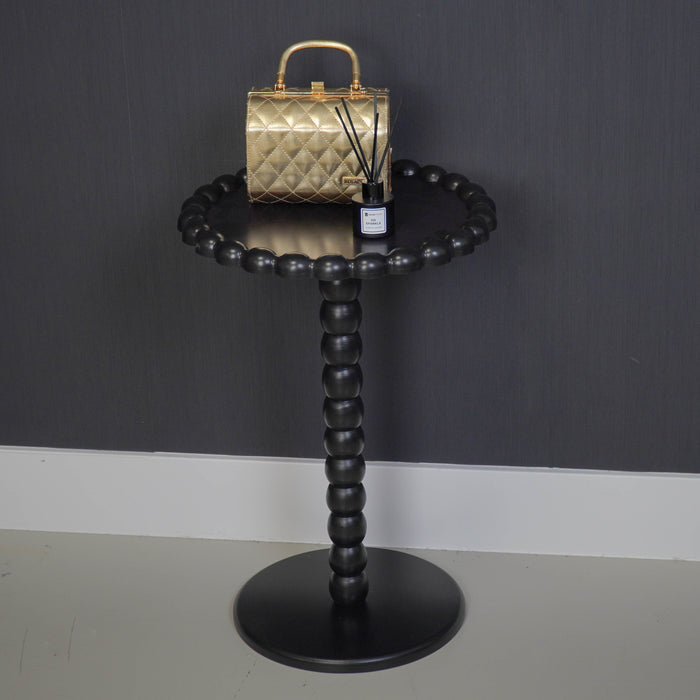 Bijzettafel - Ronde Bijzettafel met Bolletjes Rand en Poot - MDF - Zwart - 38X55cm