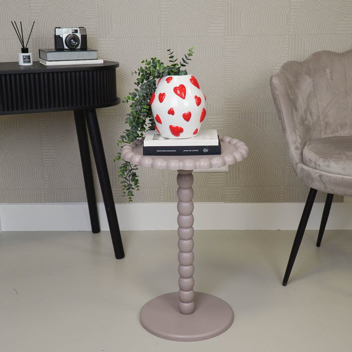 Bijzettafel- Ronde Bijzettafel met Bolletjes Rand en Poot - MDF - Taupe - 38X55cm
