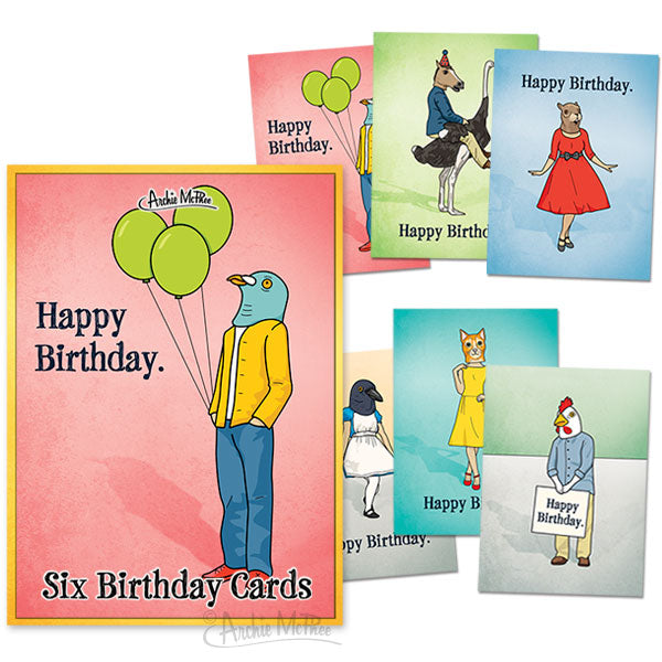 The Birthday Cards Boxed Set features whimsical illustrated animal characters wearing charming masks, all set against a vintage style and adorned with Happy Birthday text.