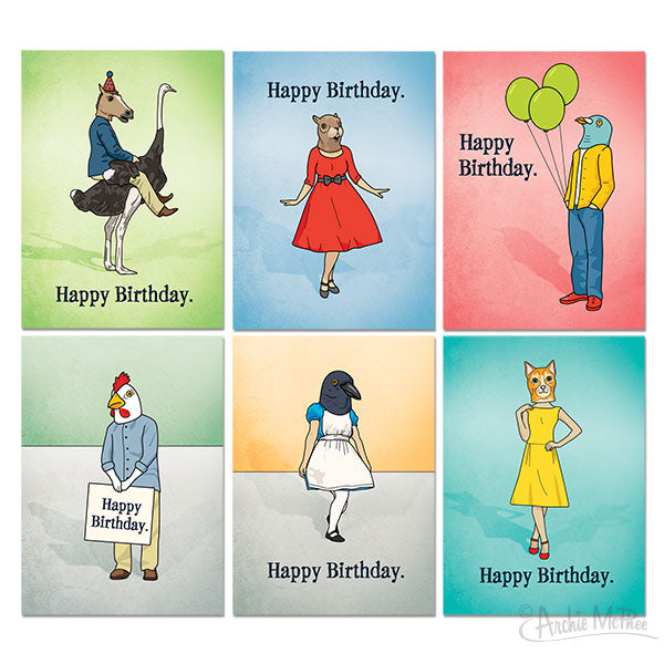The Birthday Cards Boxed Set features an illustrated box containing six cards, each showcasing animals dressed in human outfits and carrying a cheerful "Happy Birthday" message.
