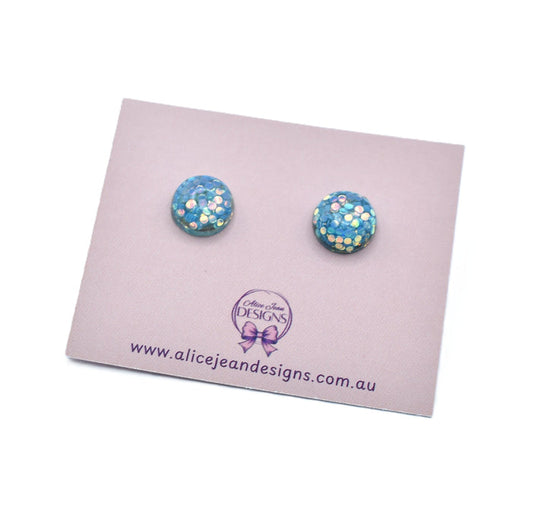 Blue glitter resin stud earrings
