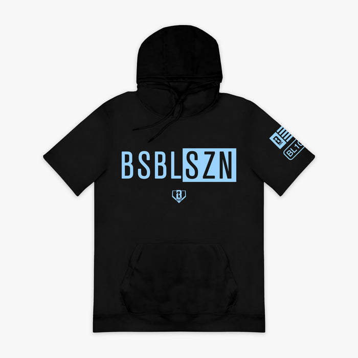 Black and light blue BSBL-SZN short sleeve hoodie — front view