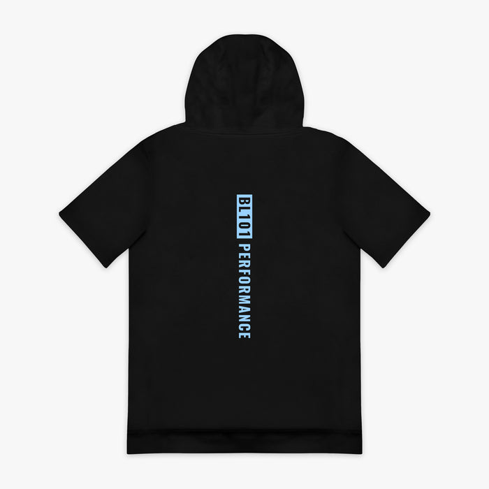 Black and light blue BSBL-SZN short sleeve hoodie — back view