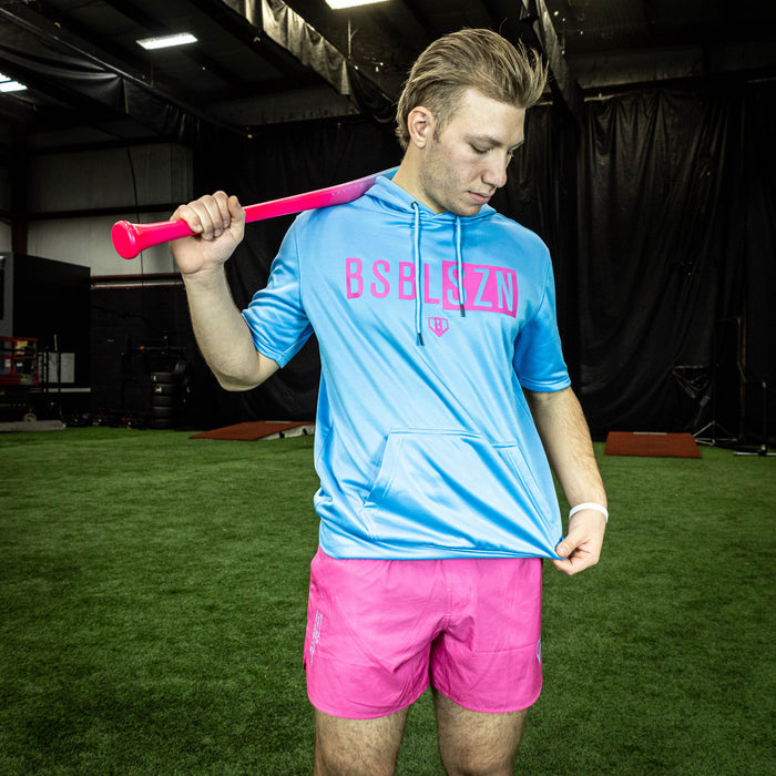 Adult model wearing blue BSBL-SZN Cotton Candy Blue short sleeve hoodie