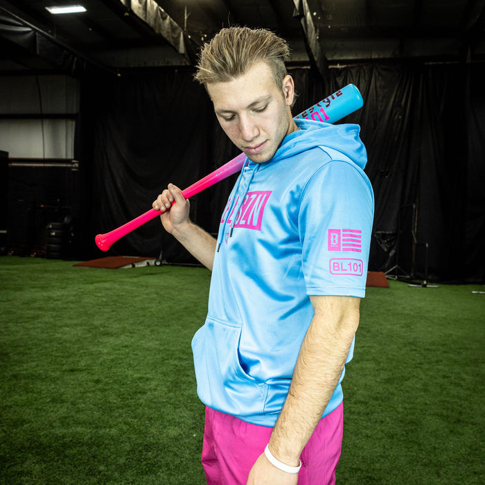 Adult model wearing blue BSBL-SZN Cotton Candy Blue short sleeve hoodie