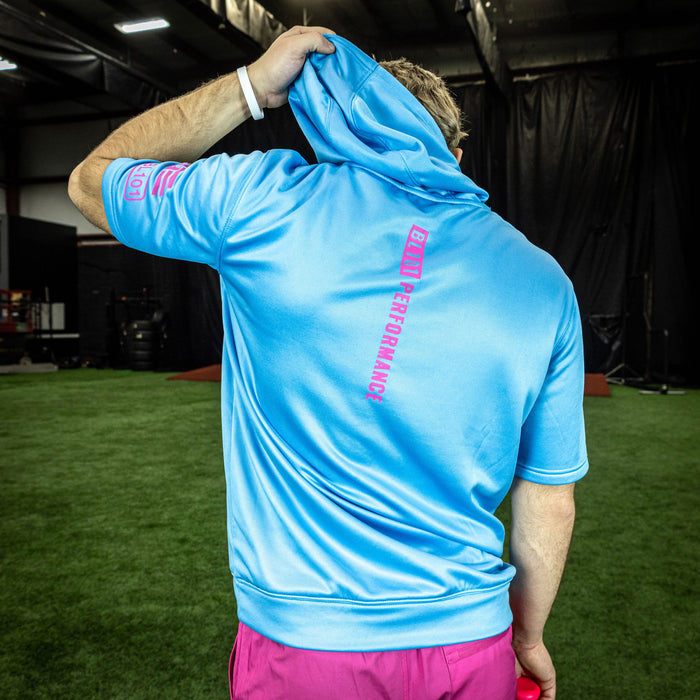 Adult model wearing blue BSBL-SZN Cotton Candy Blue short sleeve hoodie