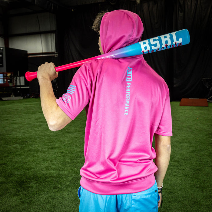 Adult model wearing pink BSBL-SZN Cotton Candy Pink short sleeve hoodie