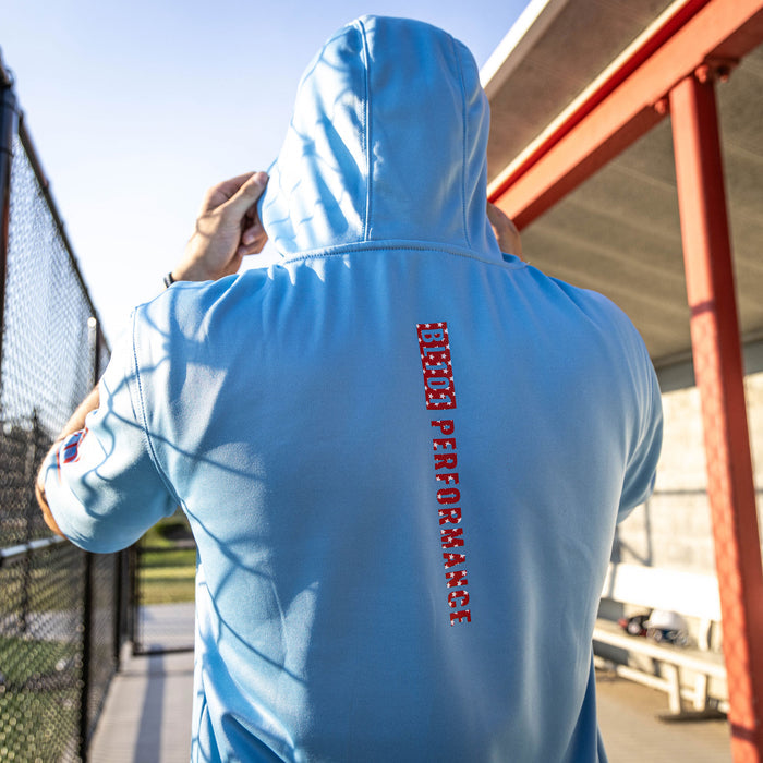 Adult model wearing blue BSBL-SZN Freedom short sleeve hoodie