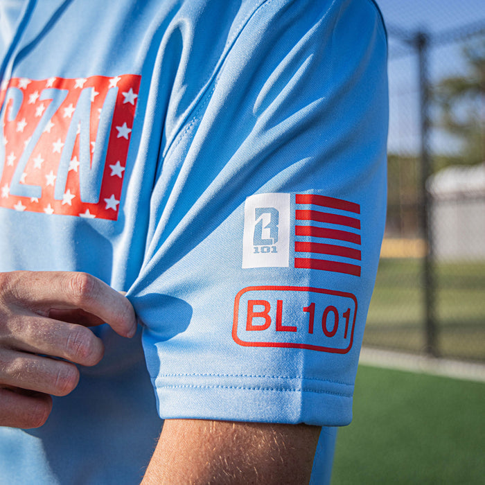 Adult model wearing blue BSBL-SZN Freedom short sleeve hoodie