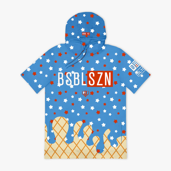 Red BSBL-SZN USA Ice Cream short sleeve hoodie — front view