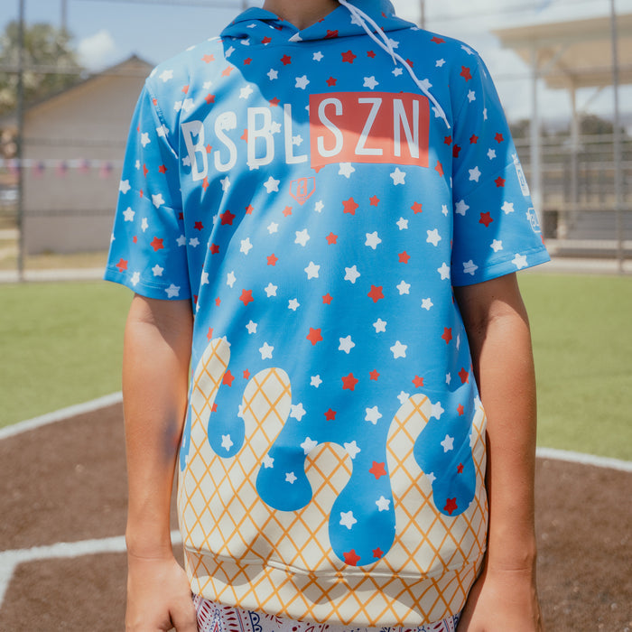 Adult model wearing red BSBL-SZN USA Ice Cream short sleeve hoodie