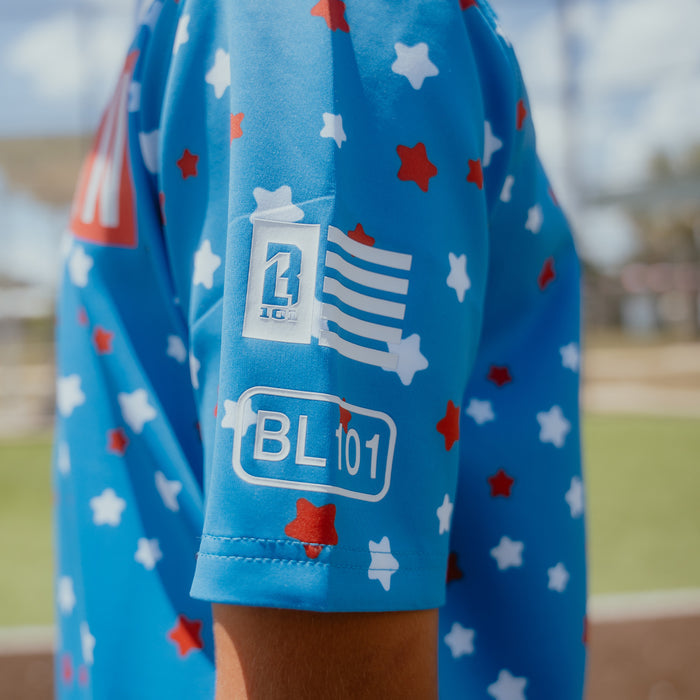 Adult model wearing red BSBL-SZN USA Ice Cream short sleeve hoodie