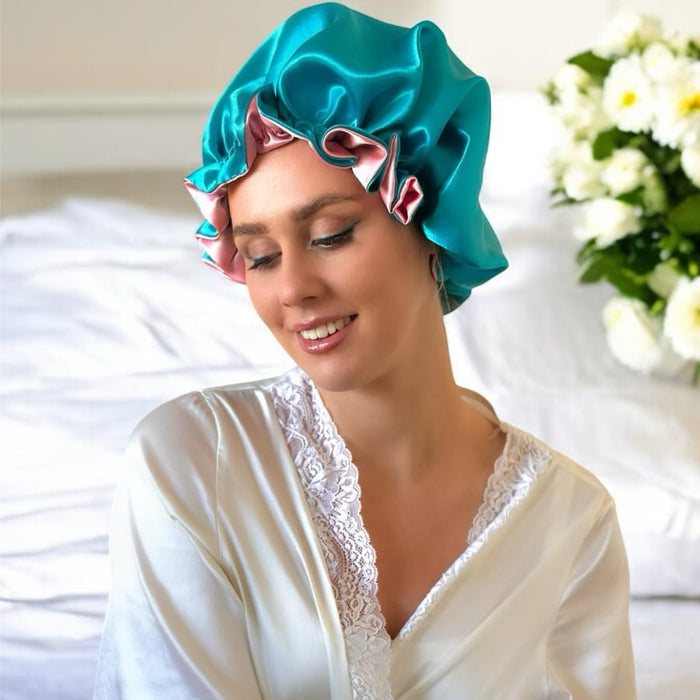 Bubblegum/Teal: Vegan Silk Bonnet (Reversible, Adjustable, & Double Lined)