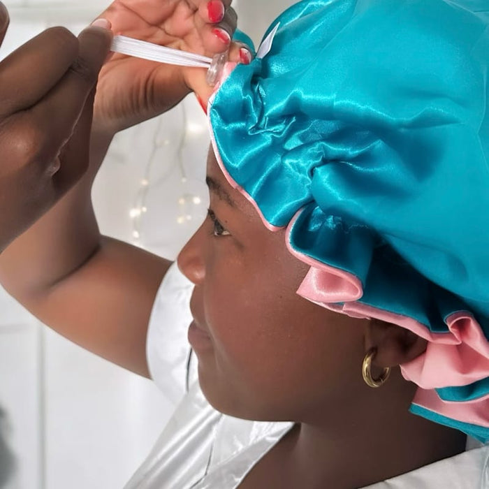Bubblegum/Teal: Vegan Silk Bonnet (Reversible, Adjustable, & Double Lined)