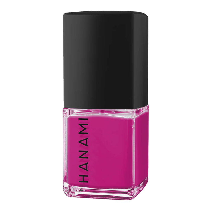 Pink nail polish bottle with black cap on a white background.