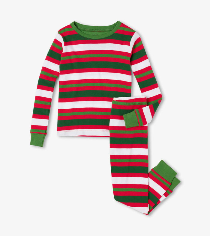 Hatley boys Candy Cane Stripes organic cotton pajama set in Red/Green/White with matching pants.