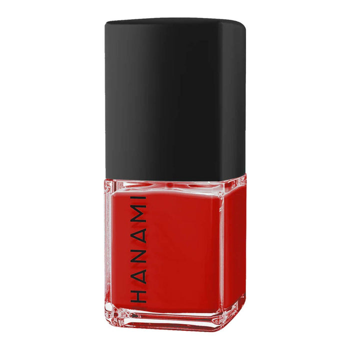 Red nail polish bottle with black cap on a white background.