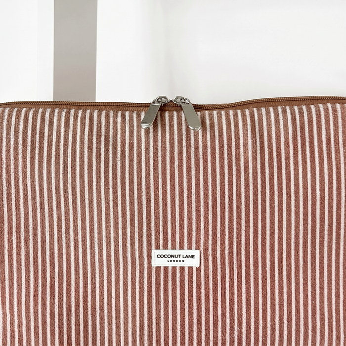 Brown and white stripe Laptop Sleeve with zip closure and Coconut Lane logo