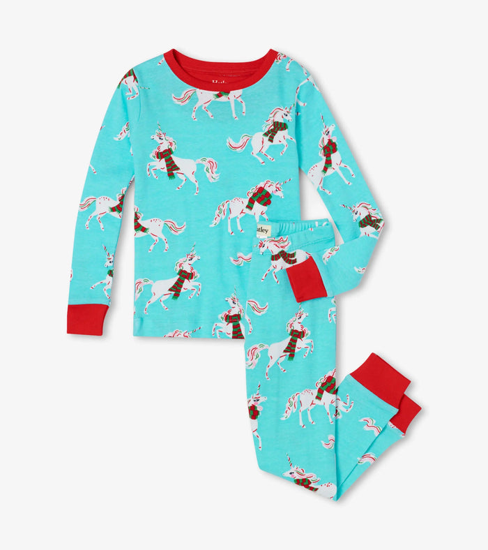 Hatley girls Christmas Unicorns organic cotton pajama set in Aqua/Red with long sleeves and matching pants.