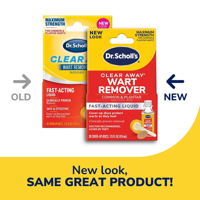 Dr. Scholl's Clear Away wart remover fast-acting liquid, old and new package shown
