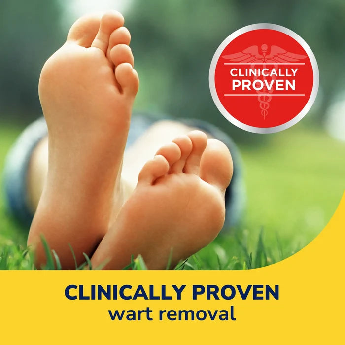 Bare feet outdoors with clinically proven wart removal badge