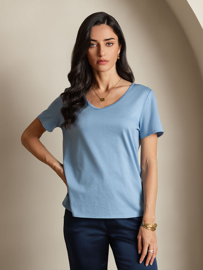 [Blue] SilkSilky  Short Sleeve V Neck Women's T-Shirt 003