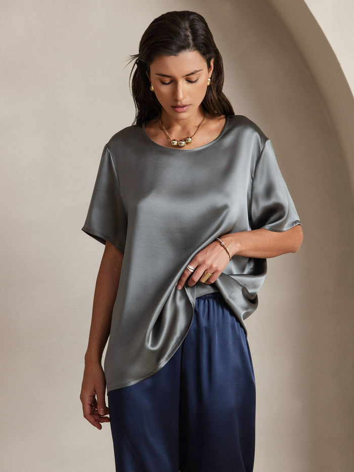 [Dark Gray] SilkSilky  Short Sleeve Round Neck Women's T-Shirt 003