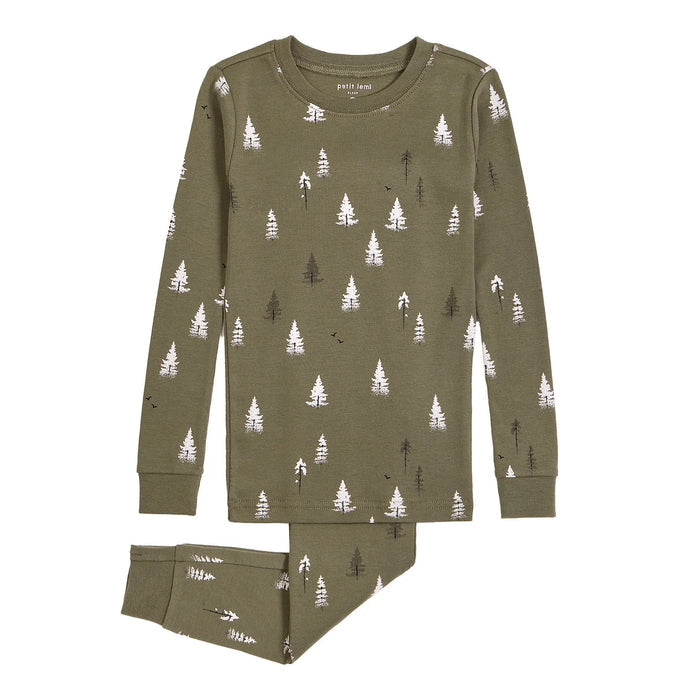 Petit Lem baby and toddler boys Conifer print pajama set in Forest Green with matching pants.