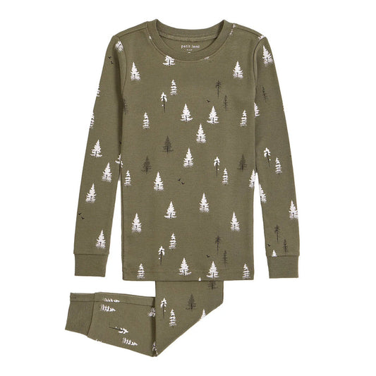 Petit Lem baby and toddler boys Conifer print pajama set in Forest Green with matching pants.