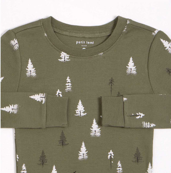 Petit Lem boys organic cotton rib pajama set with white tree print, elastic cuffs, and pull-on waistband.