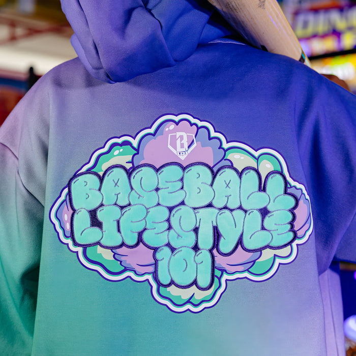 Adult model wearing Cotton Candy Galaxy Grape hoodie