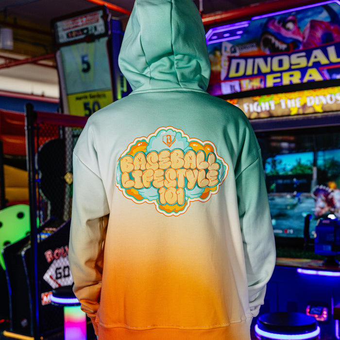 Adult model wearing Cotton Candy Tangerine Freeze hoodie