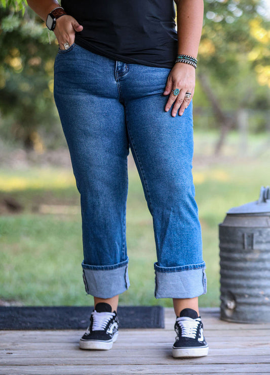 Dark Wash Mid Rise Cropped Cuffed Boyfriend Jeans