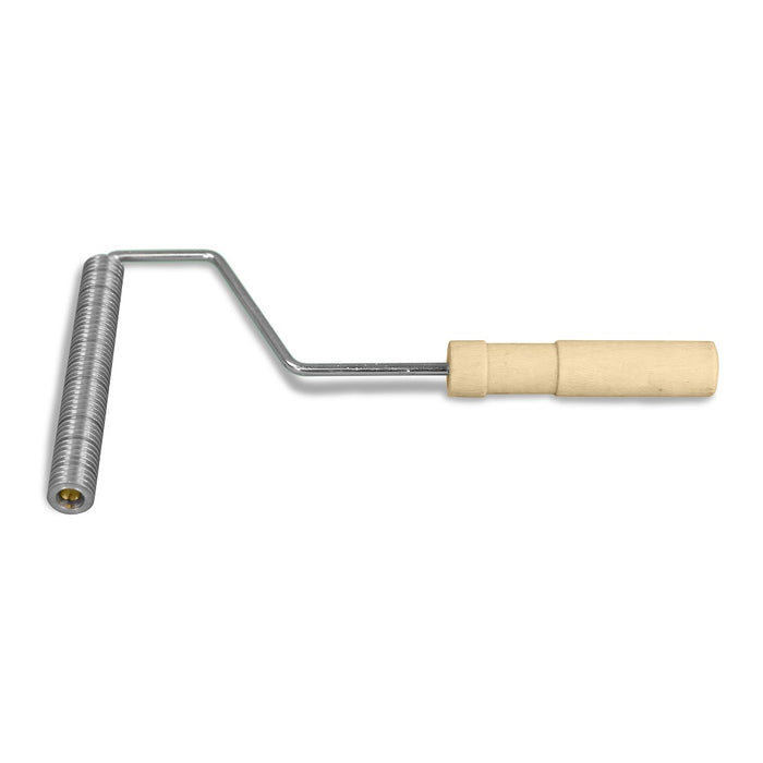 3/4 by 6 inch aluminum fiberglass roller with wood handle and grooved top.