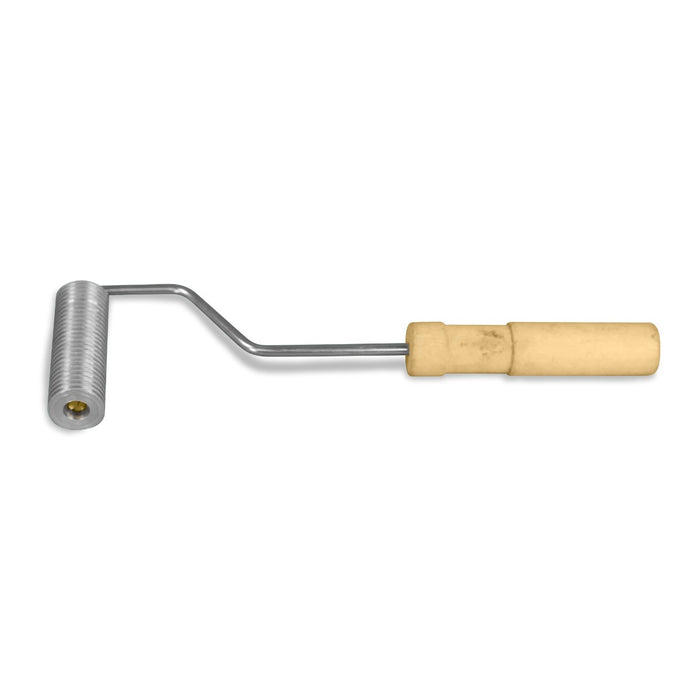 One inch by 3 inch aluminum fiberglass roller with wood handle and metal top with grooves.