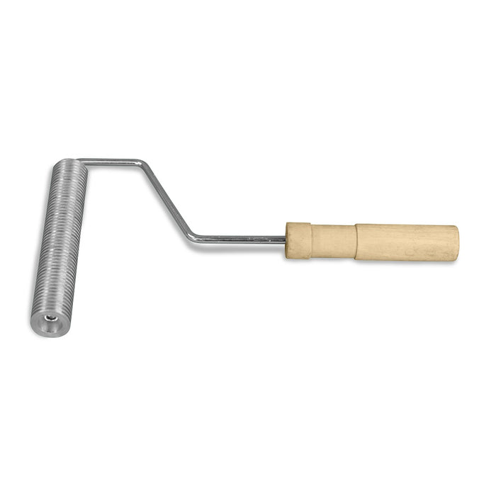 1 x 6 inch aluminum fiberglass roller with wood handle and finned metal top.