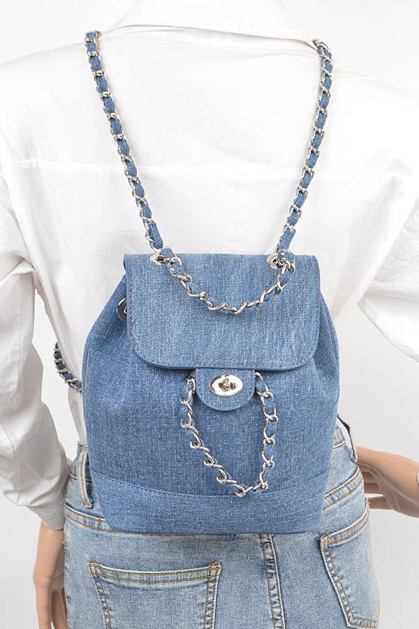 Denim Chain Strap Bucket Back Pack