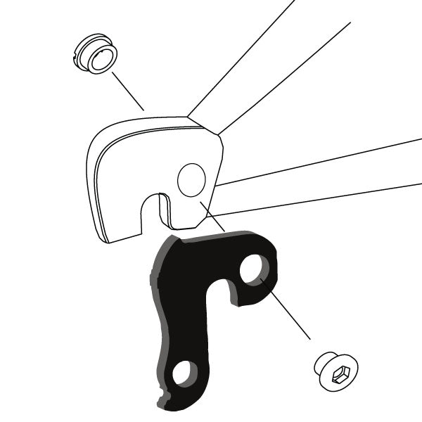 Hanger #45 attaches to the rear dropout from the outside or derailleur side using one M8 chainring bolt.