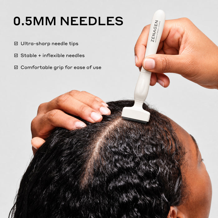 Zenagen Derma Stamp infographic demonstrating a 0.5mm microneedling tool being used on the scalp, highlighting its ultra-sharp needles, stable construction, and comfortable grip.